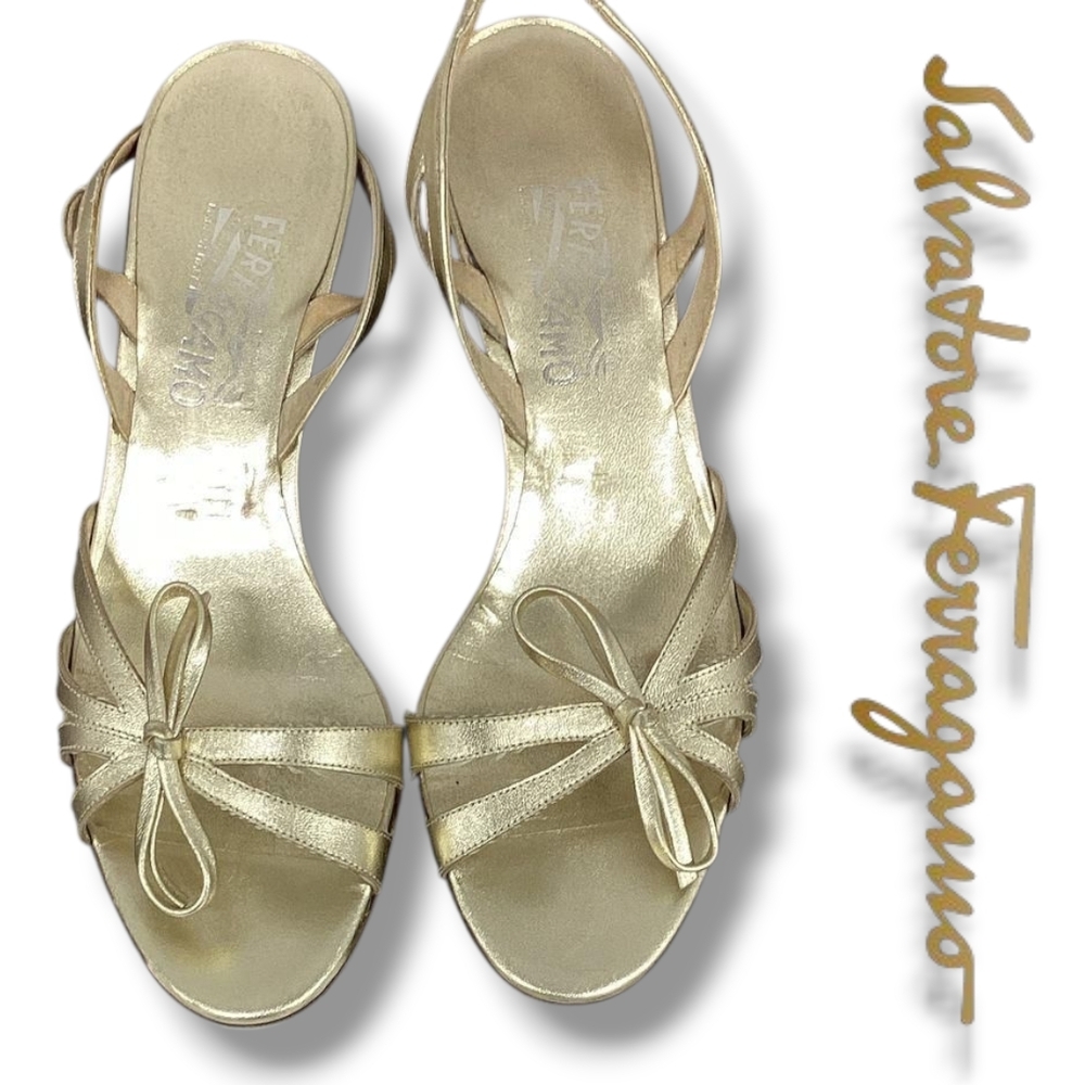 Salvatore FERRAGAMO Gold Kitten Heel Women's Leather Metallic Slingback Sandals - Picture 6 of 11